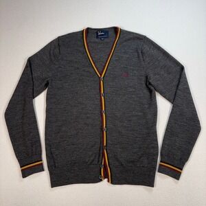 Fred Perry 100% Merino Wool Cardigan Men's S Gray Embroidered Logo *HOLE* K8232